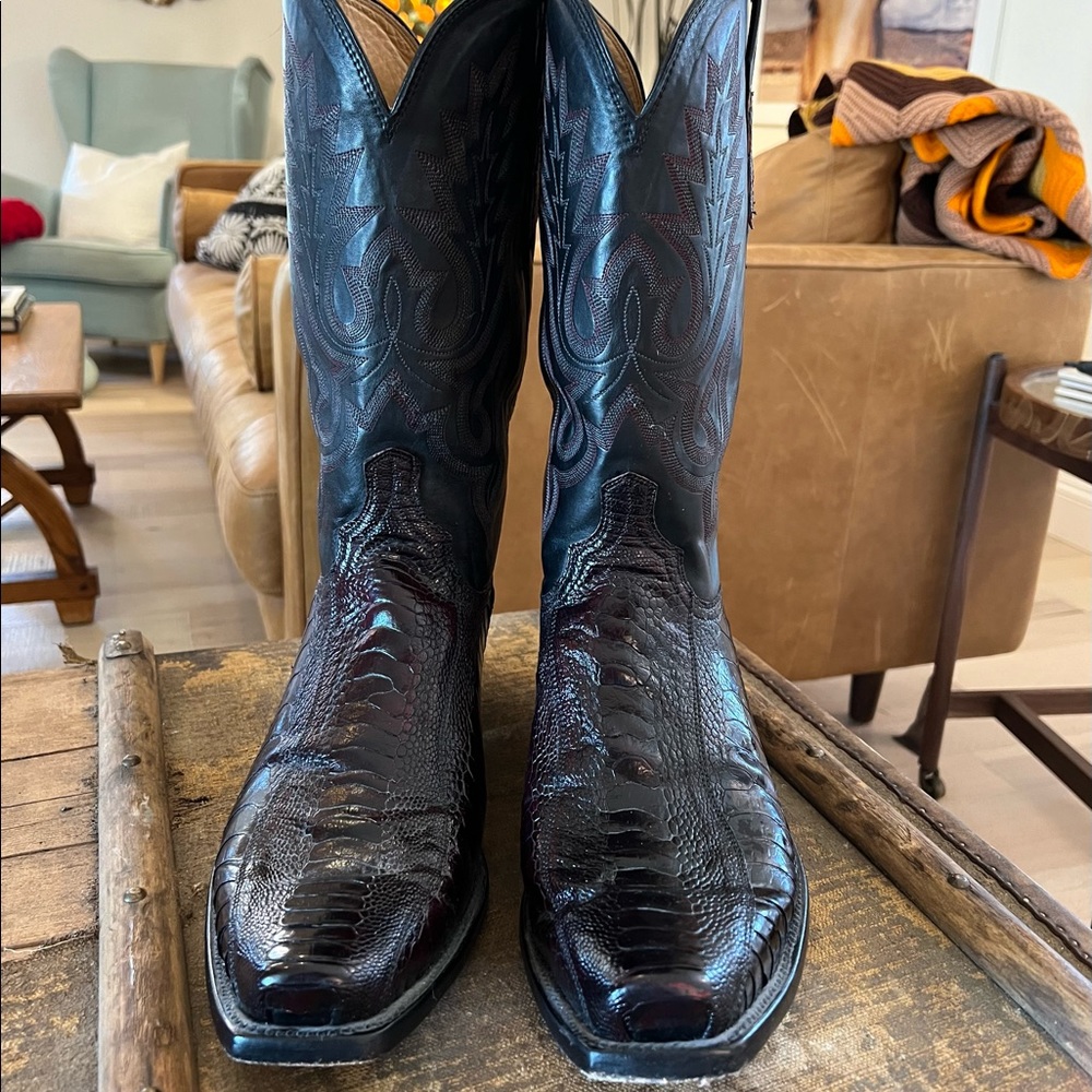 Lucchese Heritage Mens Black Cherry Ostrich Leg Boots 15D